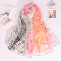 Elegant gradient georgette silk scarf with leaf prints and soft botanical pattern - Pink