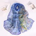 Detail of artistic tree print on lightweight semi-transparent chiffon shawl wrap scarf - Sapphire Blue