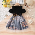 Girls' off-shoulder summer dress with butterfly print, black rib knit and mesh skirt - 90cm / Black