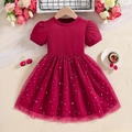 Kurzärmeliges weinrotes Tüllkleid für Mädchen mit glitzernden Sternen und Monden - 90cm / Burgunderrot