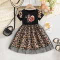 Vestido de niña de manga corta negro con estampado de leopardo, falda de tul y dibujo - 90cm / Negro