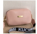 Pink litchi texture crossbody bag with gold metal plate and wide lettered strap - Pink (Metal Plate Style)