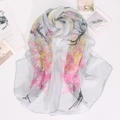 Lightweight breathable silk scarf with peony and crane print on grey georgette shawl - 160x50cm / Gray