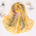 Bright yellow summer sun silk scarf with elegant peacock print and soft chiffon texture - 160x50cm / Yellow