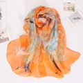 Breathable orange chiffon scarf with bird and floral print for summer sun protection - 160x50cm / Orange