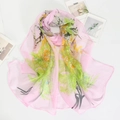 Elegant pink chiffon scarf with peacock and floral prints, breathable summer wrap shawl - 160x50cm / Pink