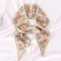 Elegant multi-color plaid satin skinny scarf displayed on a white silk background - Plaid