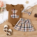 Ensemble bébé fille 4 pièces avec body marron, jupe à carreaux, bandeau et souliers - 0-3M / Café
