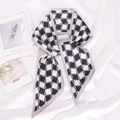 Checkerboard print long silk scarf with lavender borders laid on white satin background - 9.5x100cm / Style 4 (Purple Checkerboard)