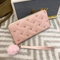 Pink long zip wallet with heart embroidery, woven texture and soft fur ball charm - Pink