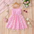 Pink girl's dress with ribbed cotton bodice and star-patterned tulle skirt and sleeves - 90 / Pink