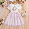 Girl's white cotton dress with unicorn print and rainbow mesh skirt with sequins - 90 / White