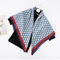 90cm silk-texture square scarf with blue clover pattern and vibrant striped borders - Blue Clover Style / Blue