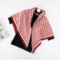 90cm red floral twill square scarf styled on a striped top for sun protection - Red