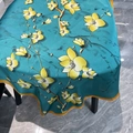 Elegant teal satin silk scarf featuring artistic yellow floral prints and gold edges - Lake Blue