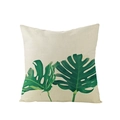 Polyester cushion cover with green tropical Monstera leaf print on beige linen texture - Double Monstera Leaf Pattern (JYM027-14)