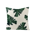Square polyester pillowcase with tropical green leaf print on beige linen texture base - Single Dark Green Banana Leaf Pattern (JYM027-19)