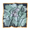Elegant 90cm square silk scarf featuring blue background with green peony floral prints - Yellow Border Teal Peony Style / Dark Blue