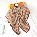 Brown and gold silk square scarf with floral geometric prints and deep brown border - Khaki