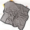 Elegant 90x90cm twill silk scarf with geometric letter prints and black striped border - Black