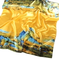 Golden silk satin scarf featuring traditional blue-green mountain landscape painting art - Style 1(4874468705733) / Gold Yellow