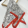 70cm camellia satin silk scarf with red border and black floral pattern on marble background - Red