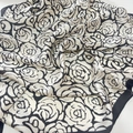 Elegant camellia silk scarf with black and white rose pattern and satin finish - Black