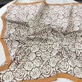 Elegant 70cm satin silk scarf with brown camellia floral pattern and ivory background - Khaki