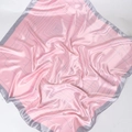Detail of satin square scarf with geometric spiral lines and grey edge on pink background - 90*90cm / Pink