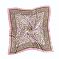Detail of pink paisley satin silk scarf showing smooth texture and fine edge stitching - Pink
