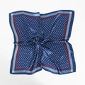 Detail of blue satin square scarf featuring white polka dots and striped border texture - 60x60cm / Navy Blue