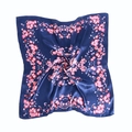 60cm navy blue floral satin square scarf with soft texture and pink flower pattern - Navy Blue