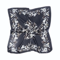 Navy blue satin floral square scarf with elegant white flower print on a white background - Black