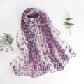 Close-up of leopard print chiffon scarf showing fine rolled edges and sheer fabric - Smoky Purple