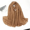 Dark brown pleated cotton linen hijab scarf with gold foil floral pattern for women - Khaki (5)