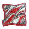 Red and beige leopard print chain satin square scarf with a glossy silk-like finish - Burgundy