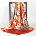 Dunhuang art satin silk square scarf 90cm featuring vibrant orange and green ethnic prints - 90*90cm / Bright Orange
