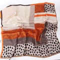 Elegant 110cm leopard print patchwork silk scarf with vibrant orange and geometric patterns - Orange Leopard Patchwork