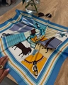 70cm faux silk square scarf featuring plaid horse prints in blue and yellow tones - Unicorn - Blue