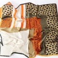 110cm silk square scarf featuring leopard print and geometric patterns in orange and brown - Army Green Saddlery Patchwork