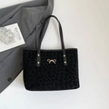 Grote zwarte shopper met luipaardprint, gouden strik en zachte fluwelen textuur - Zwart