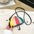 Creative umbrella shaped crossbody bag featuring colorful rainbow leather panels and strap - Black