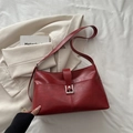 Retro dark red matte leather square handbag with silver metal buckle on white bedding - No Pendant / Red