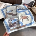 Glacier blue and white silk square scarf with horse pattern and orange geometric lines - Sky Blue (Carriage)