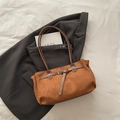 Brown frosted suede tote bag for women with decorative buckle and slim shoulder straps - No Pendant / Brown