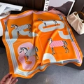 70cm faux silk scarf with orange horse print and geometric lines for women - Carriage Orange