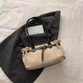 Khaki suede tote bag with black strap accents and elegant pleated detail for women - No Pendant / Khaki