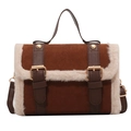 Retro brown suede handbag with white faux fur trim and gold metal buckles for autumn - Brown