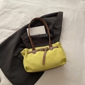 Yellow faux suede tote bag featuring brown leather strap accents and silver buckles - No Pendant / Green