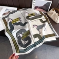 70cm faux silk scarf featuring horse print and grid patterns on beige background - White (Carriage)
